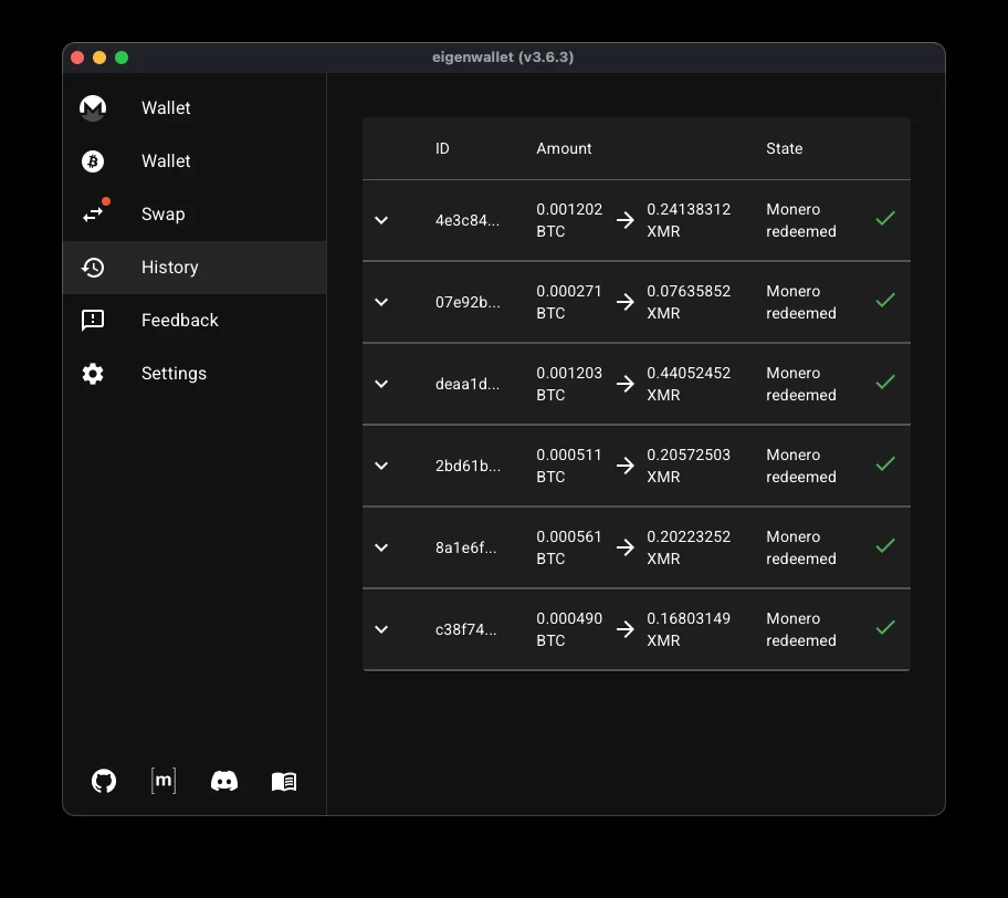 EigenWallet transaction history — completed BTC to Monero atomic swaps